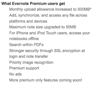 A list of premium features for Evernote