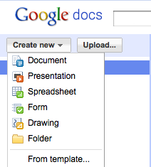 Screenshot of the different documents you can create with Google Docs