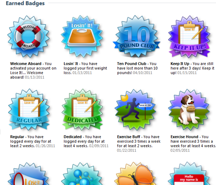 Various badges awarded to Lose It! members for achieving their goals